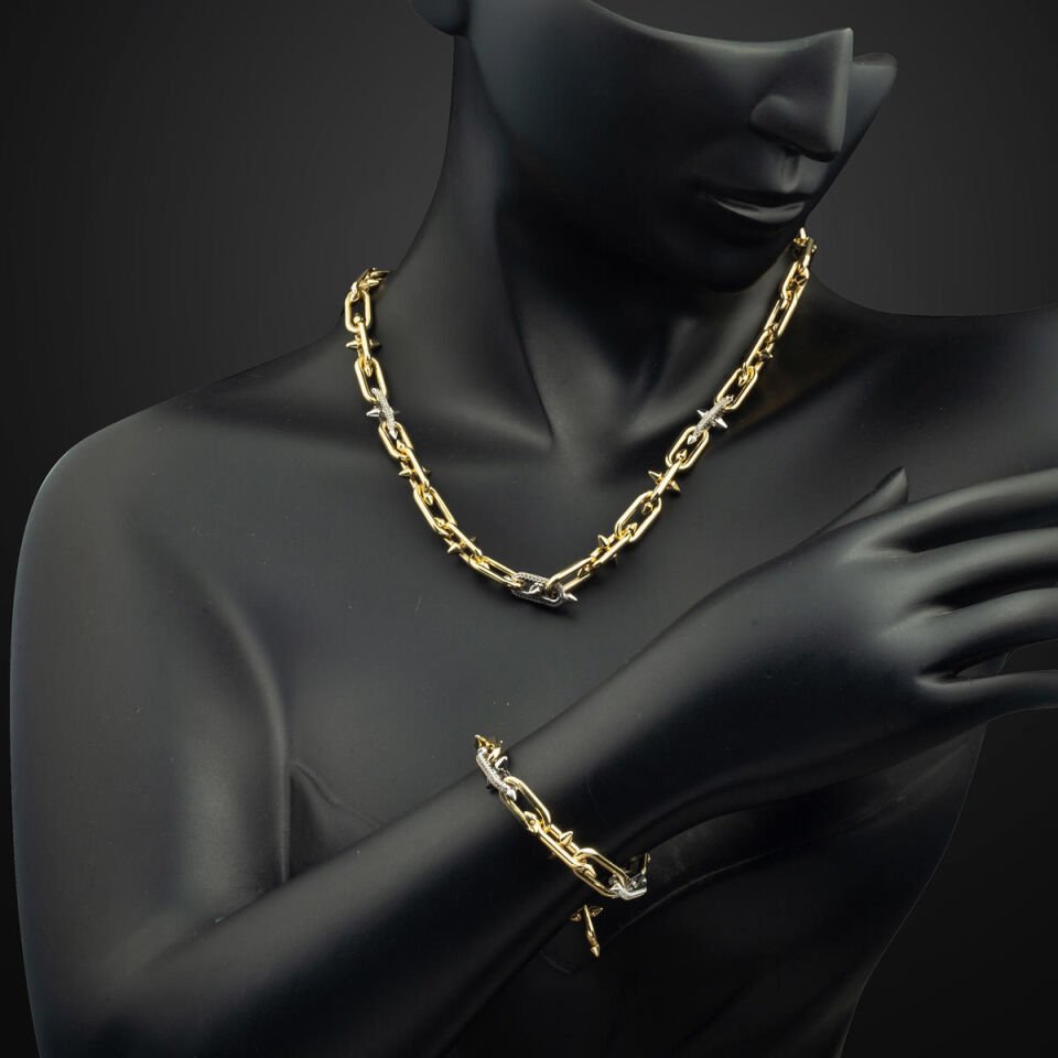 Çivili 14 Ayar Altın Tiffany Zincir Set