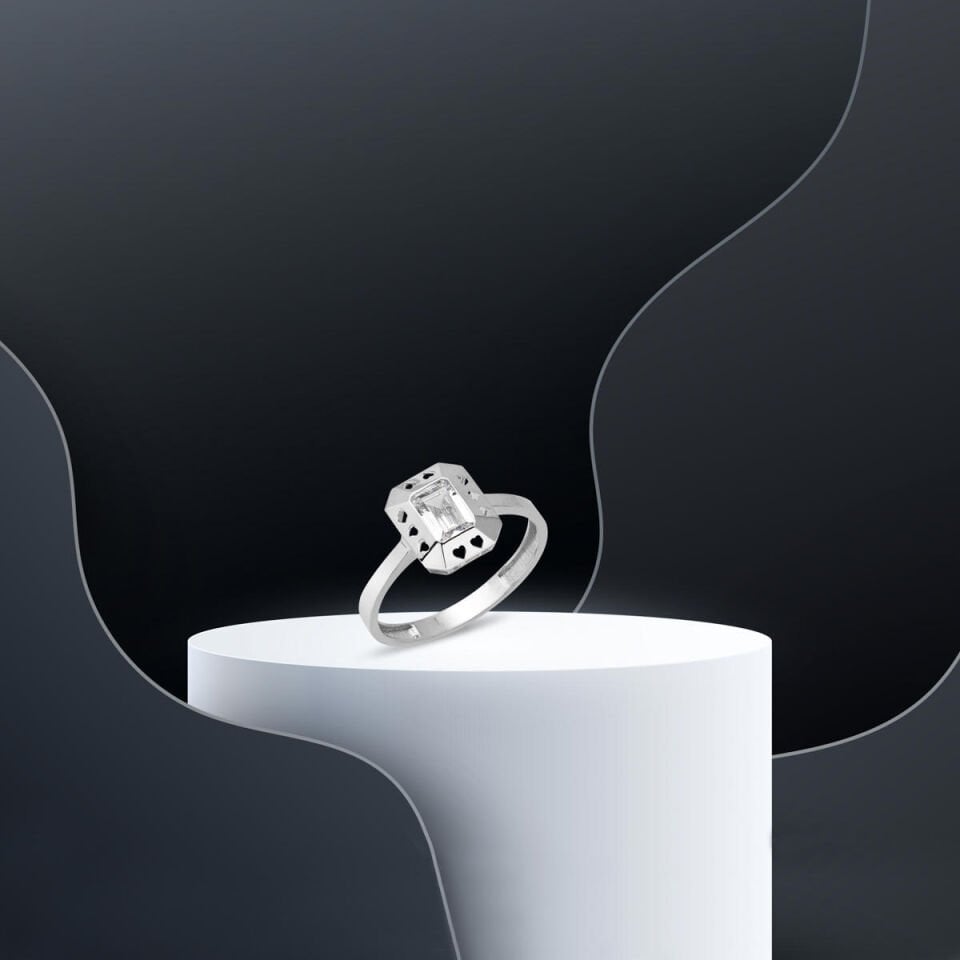 Baget Taşlı Kalpli Beyaz Altın Yüzük