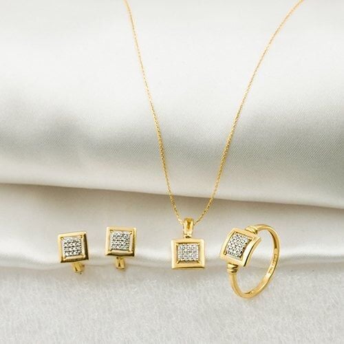 Label Taşlı Üçlü 14 Ayar Altın Set
