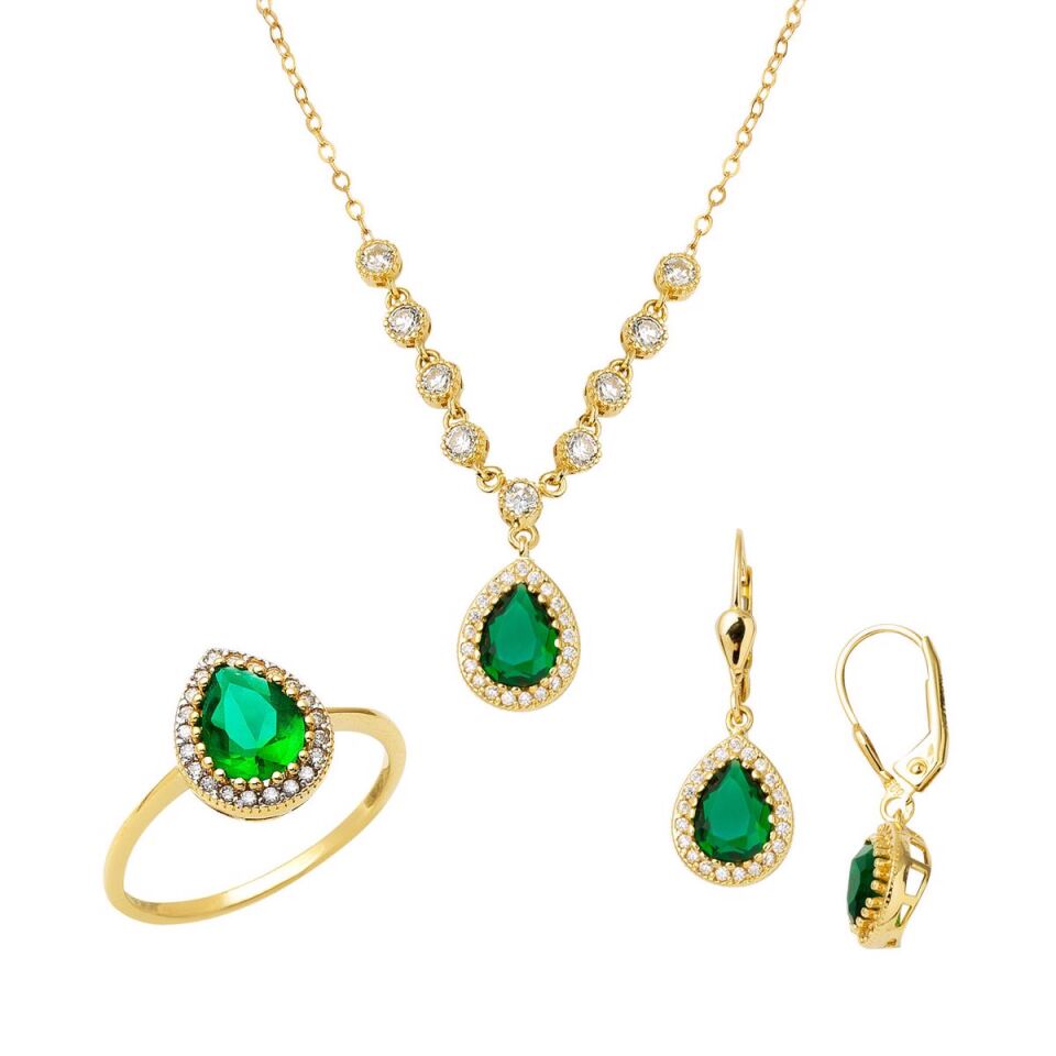 Damla Yeşil Taşlı Altın Nişan Seti