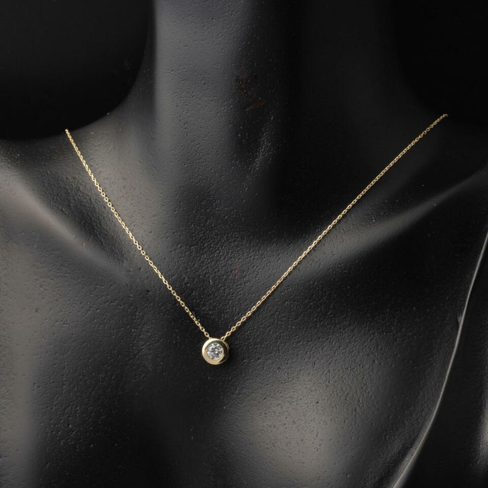 Yuvarlak Tasarım 14 Ayar Tek Taş Altın Kolye