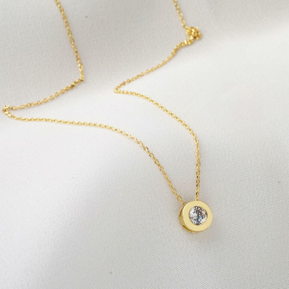 Yuvarlak Tasarım 14 Ayar Tek Taş Altın Kolye