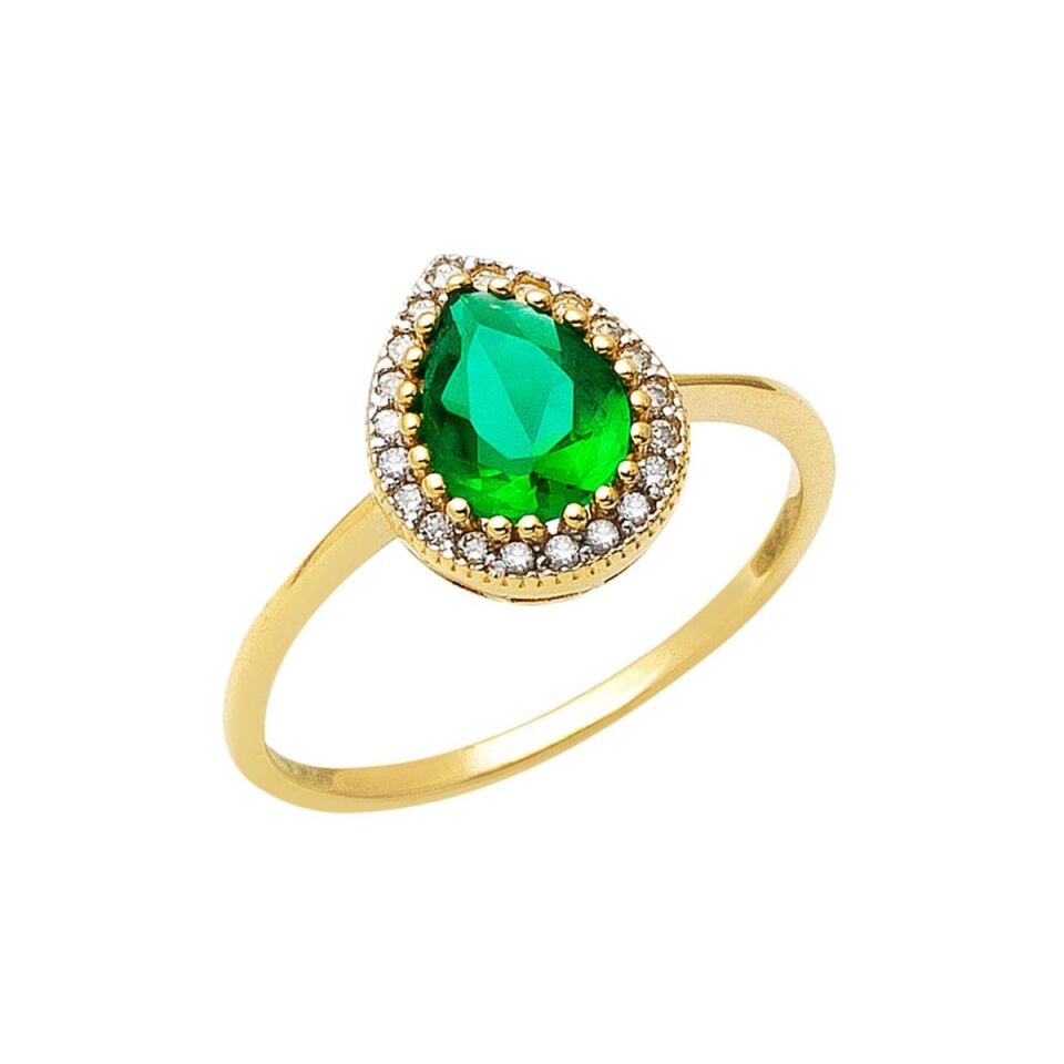 Damla Yeşil Taşlı Altın Yüzük