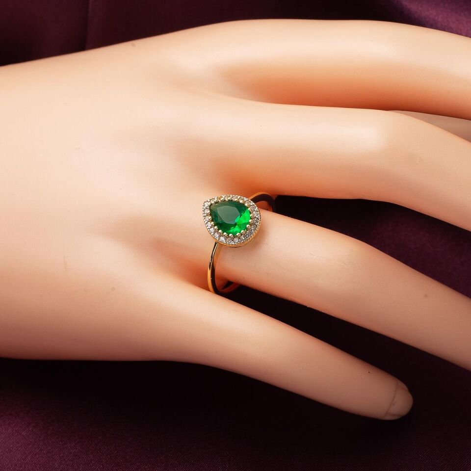 Damla Yeşil Taşlı Altın Yüzük