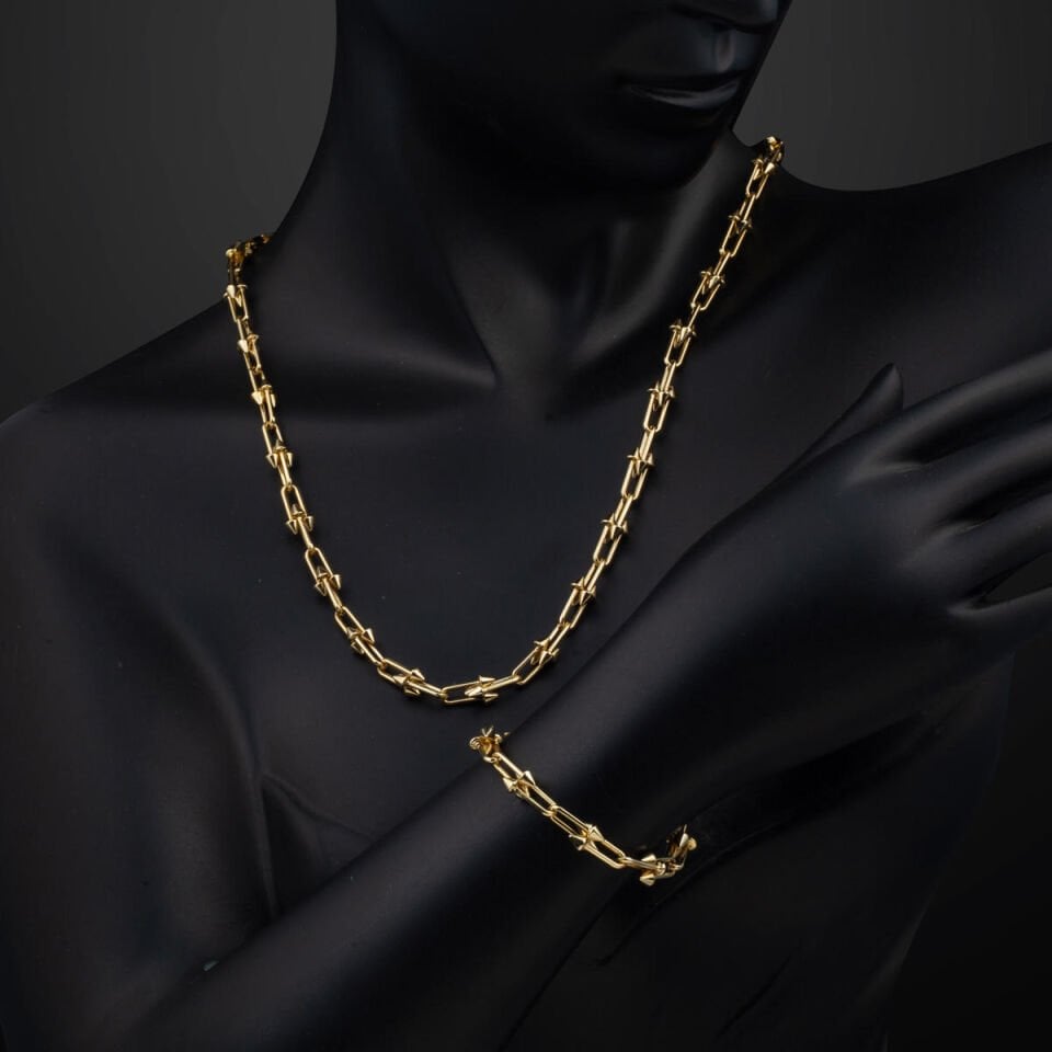 14 Ayar Altın Çivili Tiffany Zincir Takı Seti