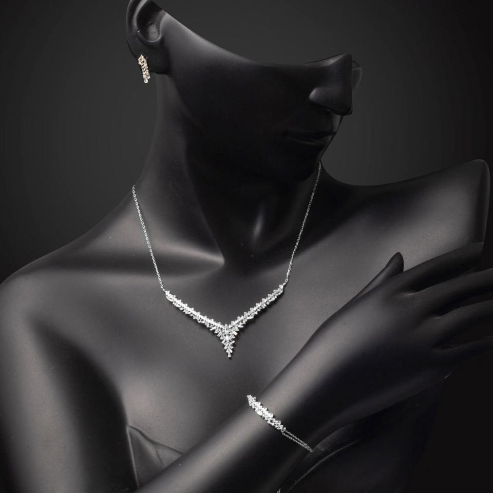 Baget Tasarım Beyaz Altın 14 Ayar Nişan Seti