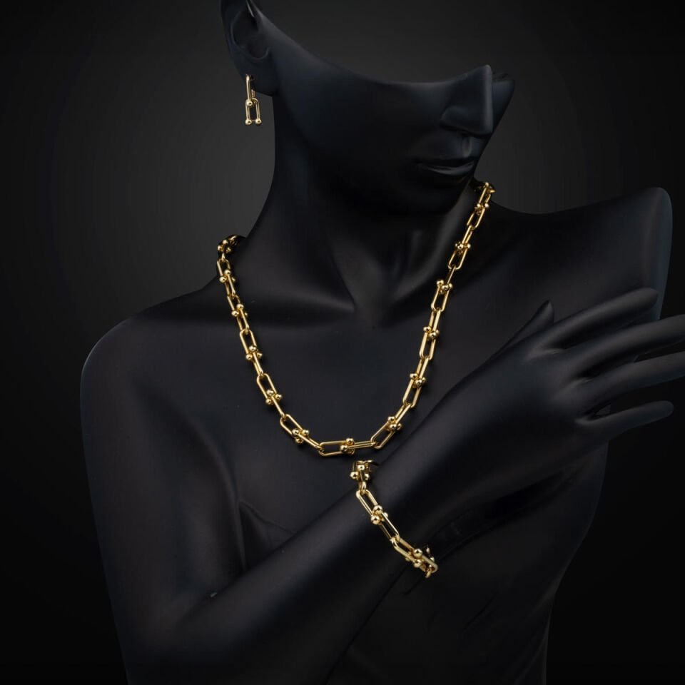 Kalın Tiffany Zincirli 14 Ayar Altın Takı Seti