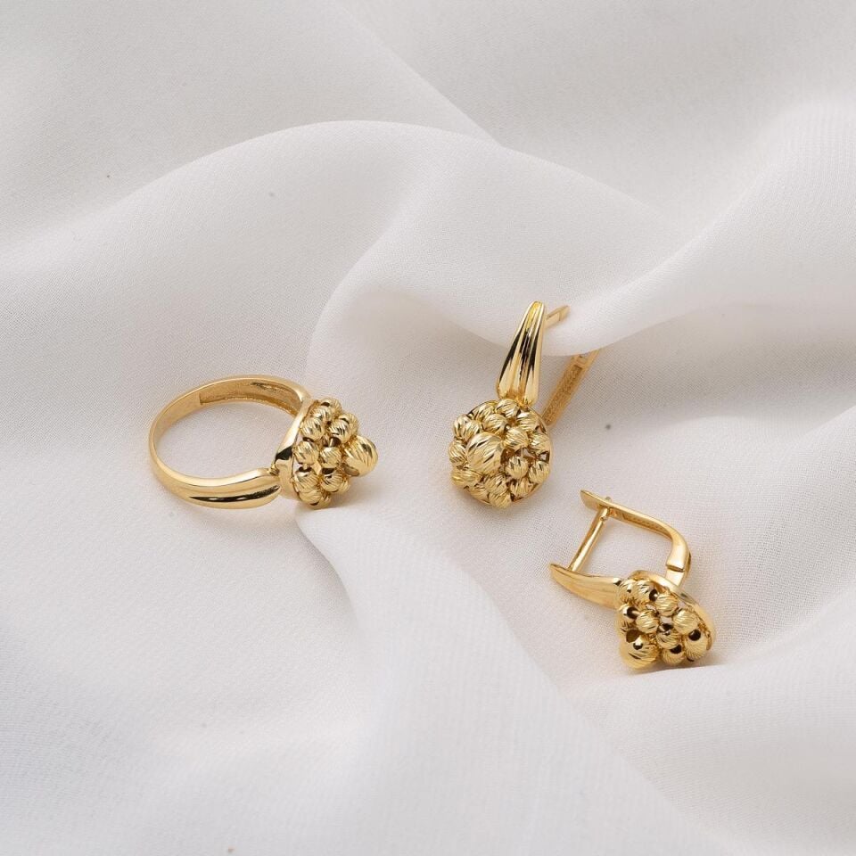 Yüzük & Küpe Top Altınlı Set