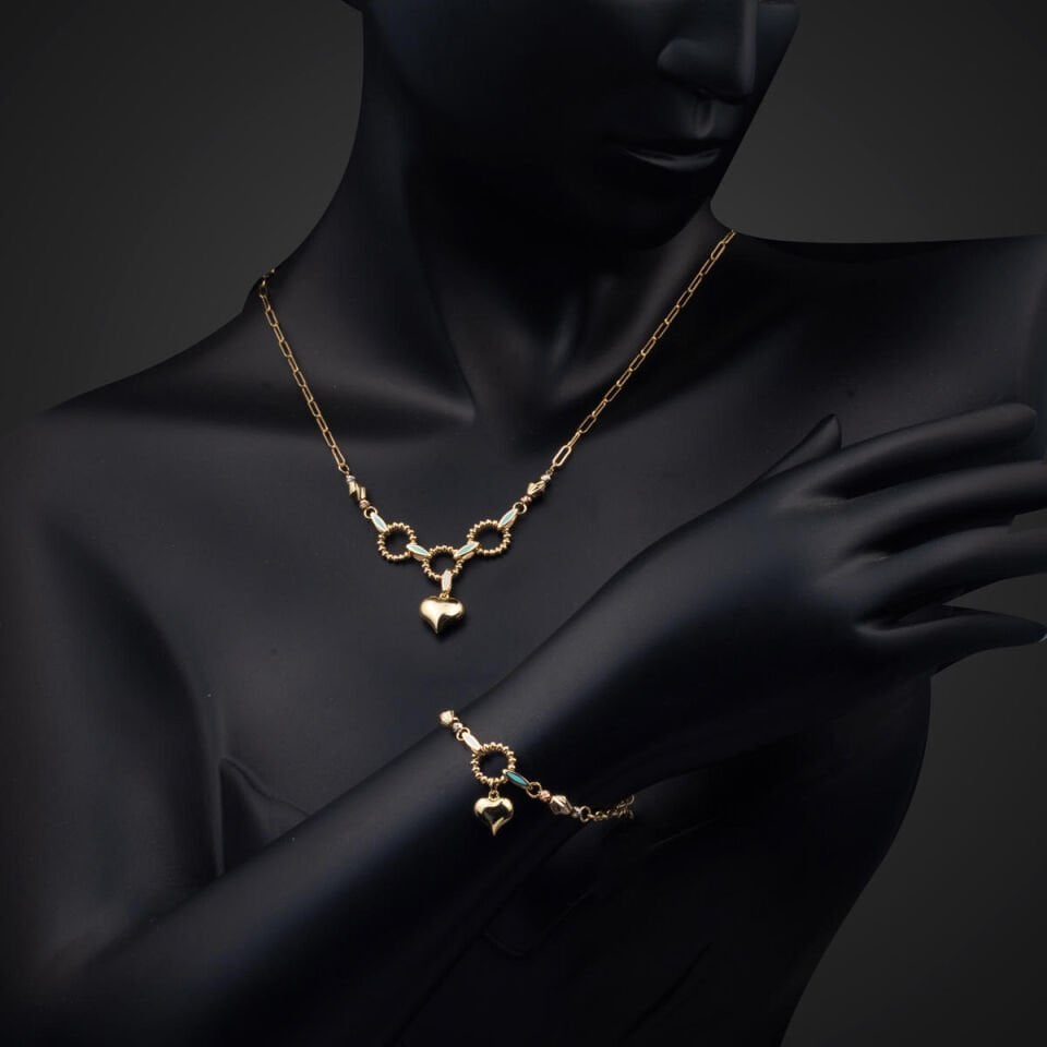 Kalp Figürlü 14 Ayar Altın Kolye & Bileklik Set