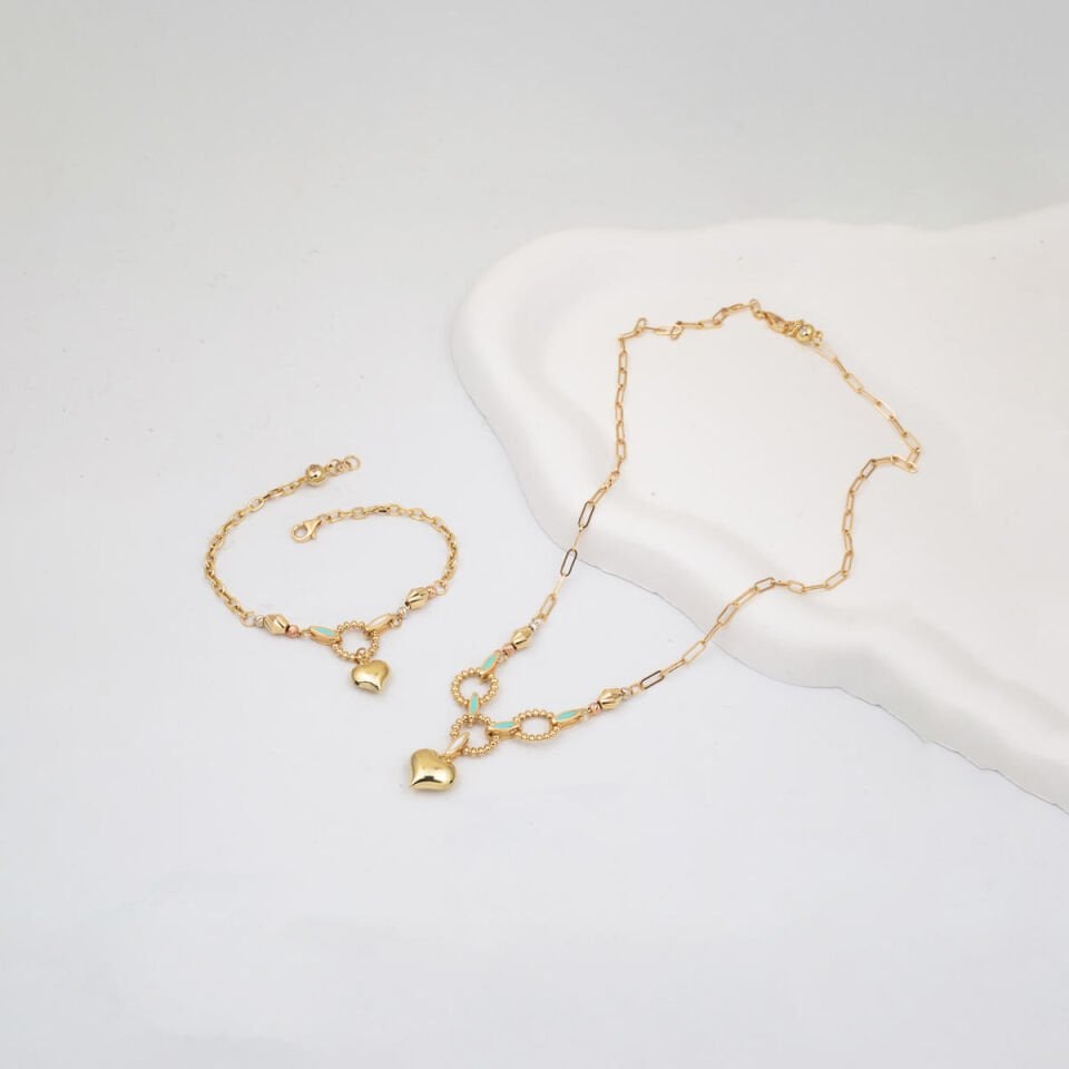 Kalp Figürlü 14 Ayar Altın Kolye & Bileklik Set