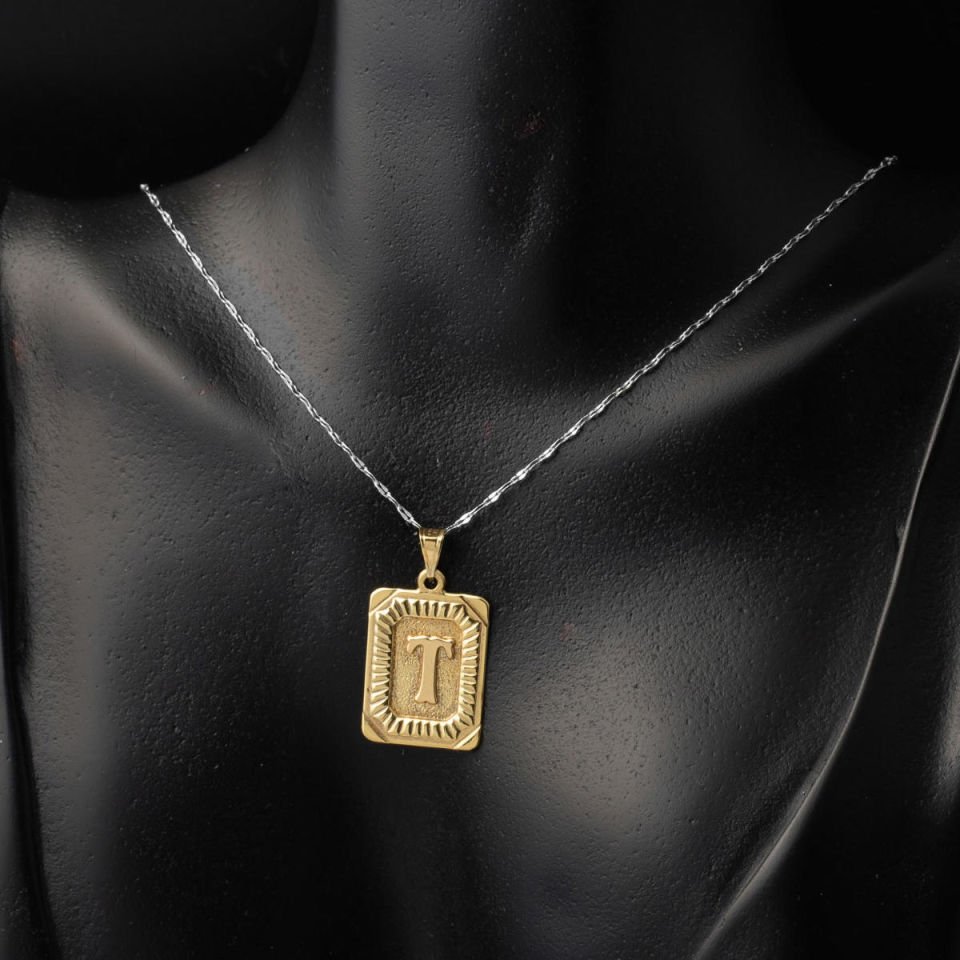 Kare Plakalı 14 Ayar Altın T Harf Kolye Ucu