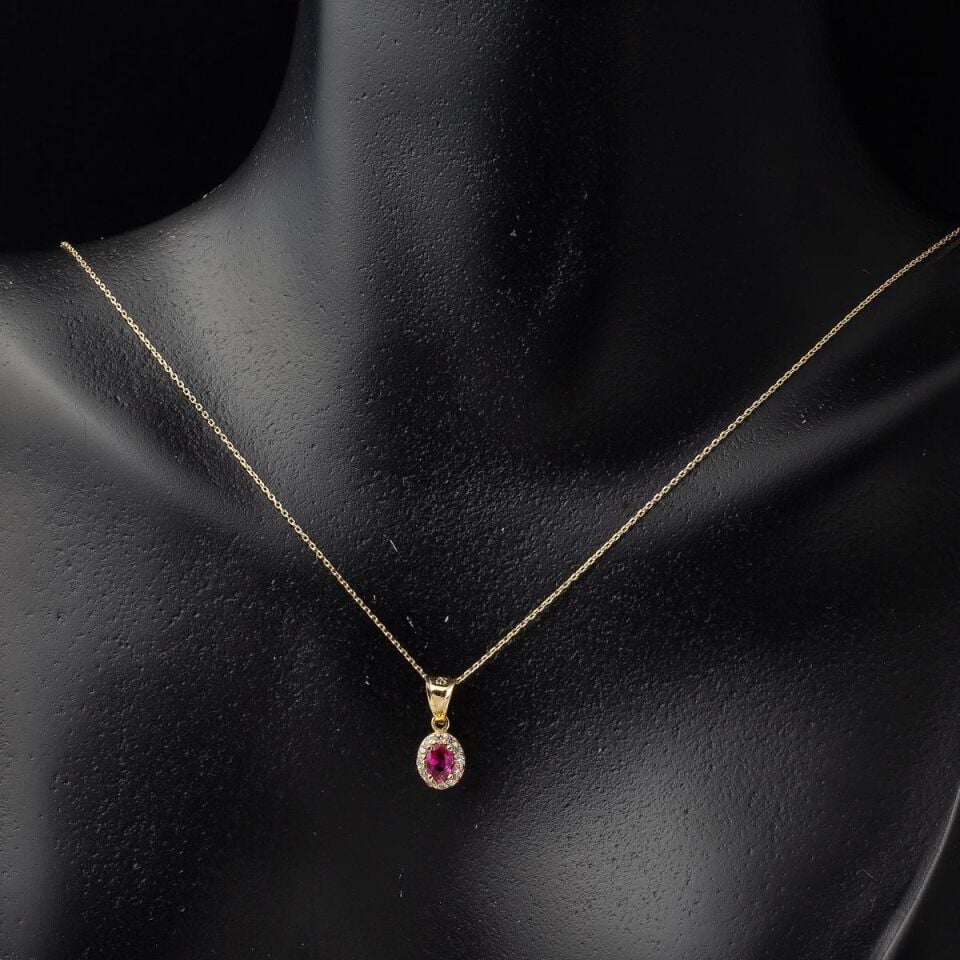 Kırmızı Taşlı 14 Ayar Altın Kolye