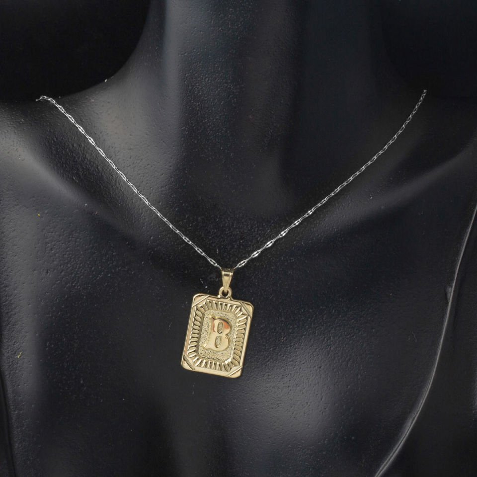 Kare Plakalı 14 Ayar Altın B Harf Kolye Ucu