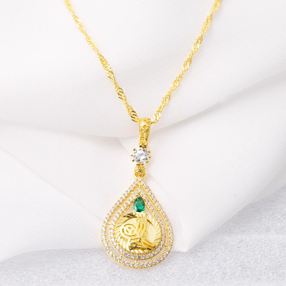 Yeşil Taşlı Damla Tuğra Altın Kolye