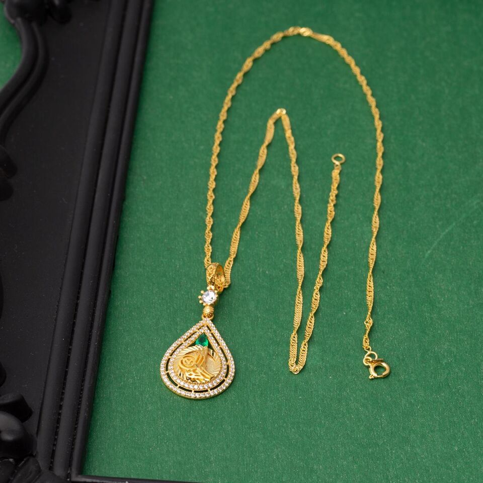 Yeşil Taşlı Damla Tuğra Altın Kolye