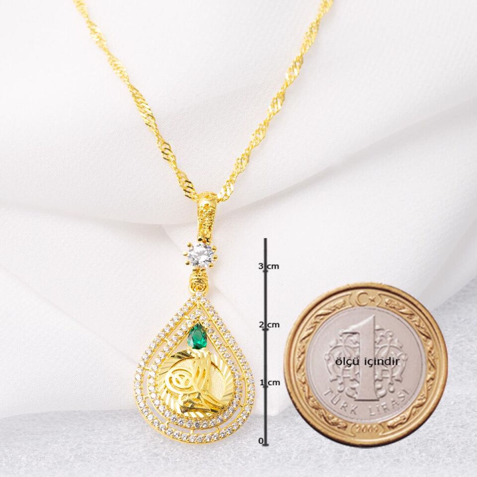 Yeşil Taşlı Damla Tuğra Altın Kolye