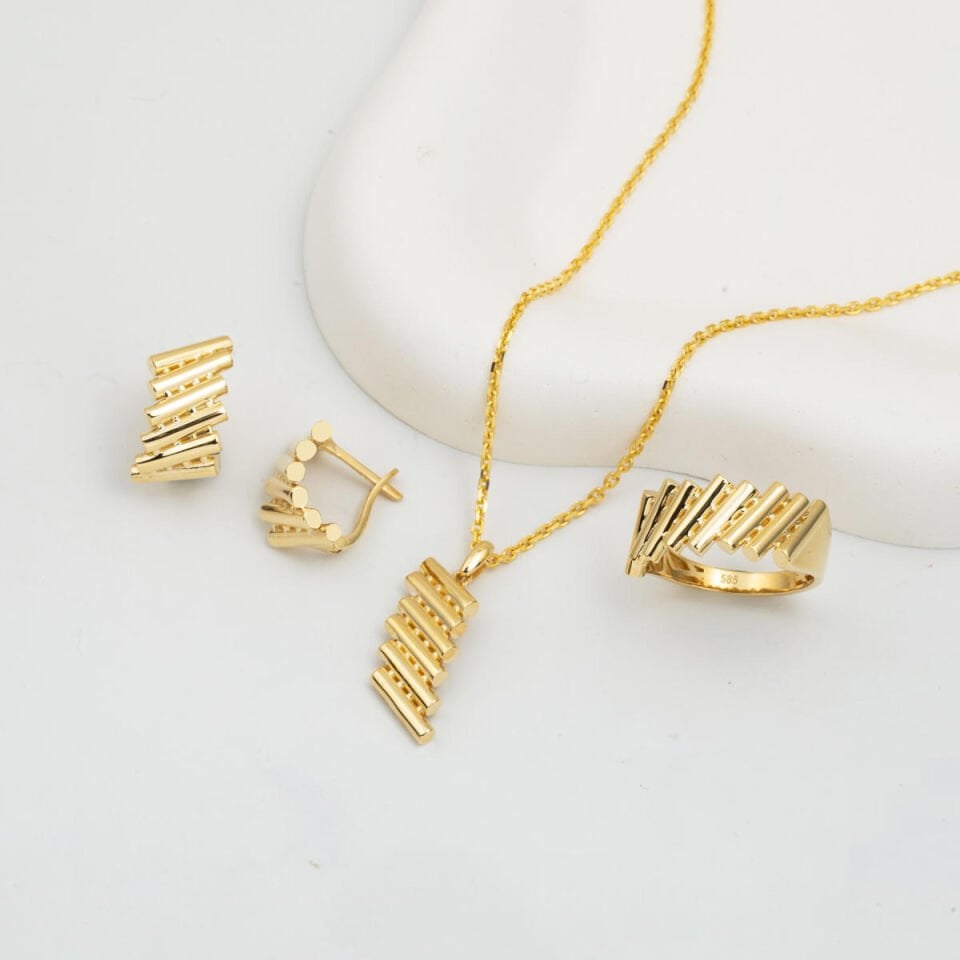 Silindir Tasarım 14 Ayar Altın Üçlü Set