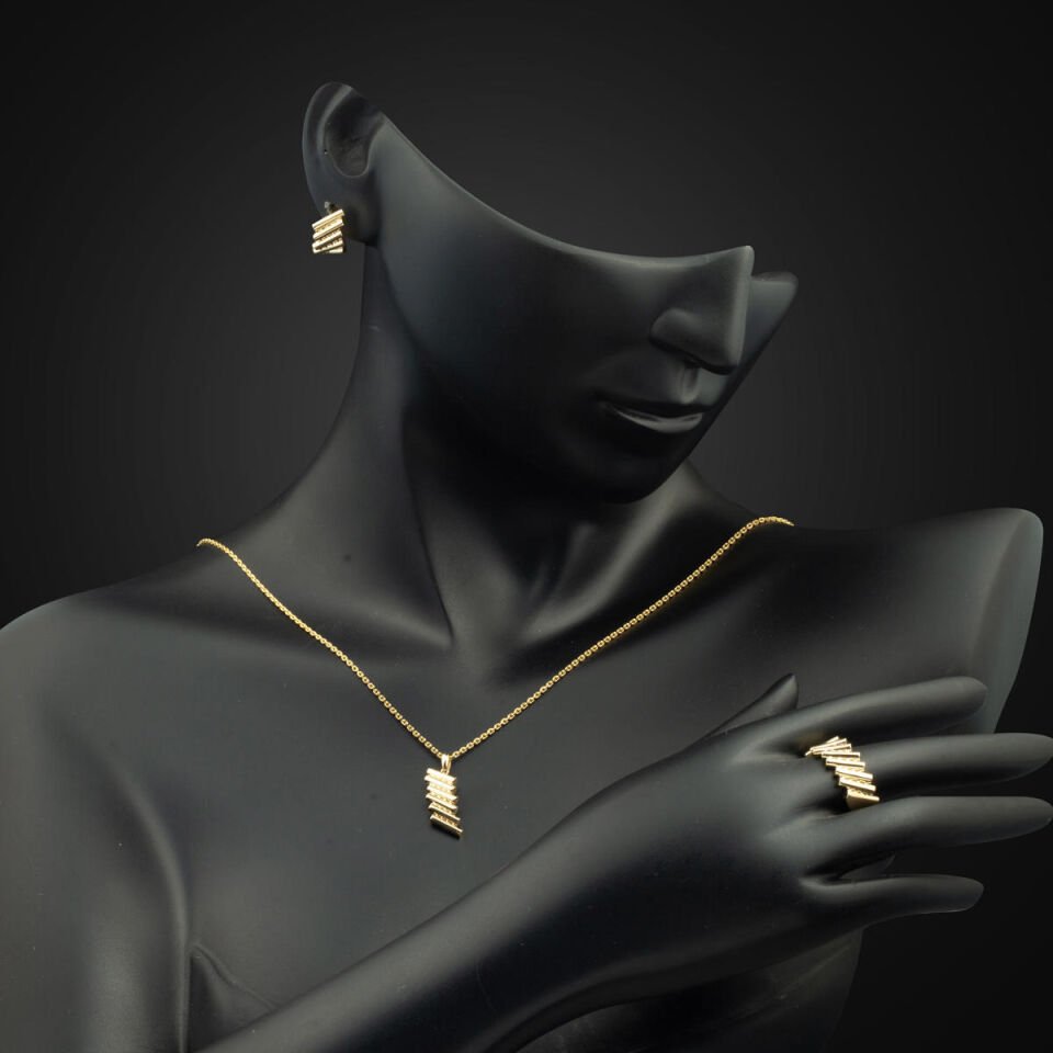 Silindir Tasarım 14 Ayar Altın Üçlü Set