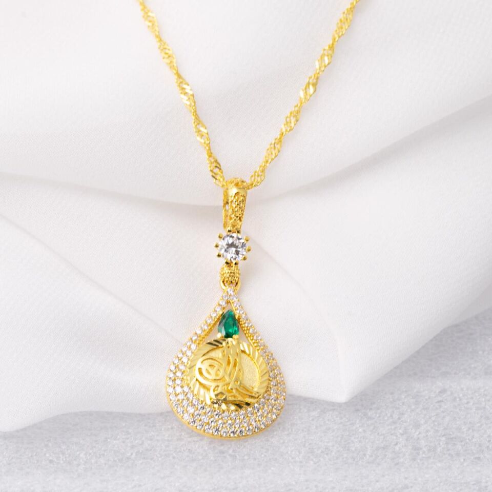 Yeşil Taşlı Damla Tuğra Altın Kolye