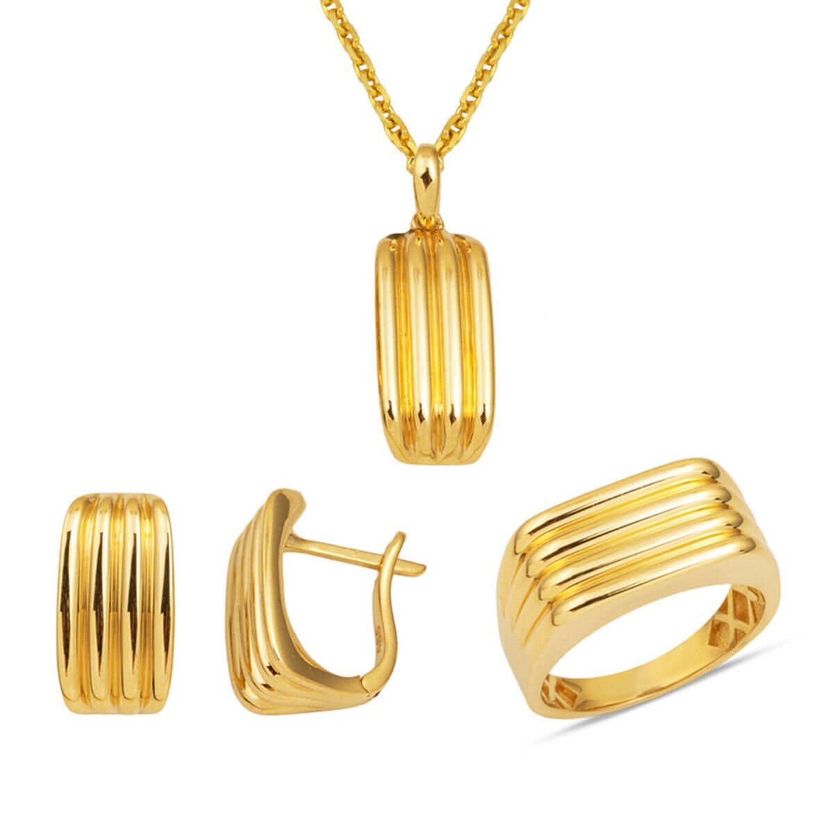 Çizgili Altın Üçlü Takı Seti 14 Ayar