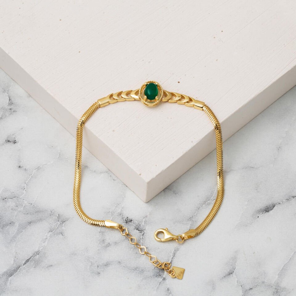 Yeşil Akik Taşlı 14 Ayar Altın Balık Sırtı Bileklik