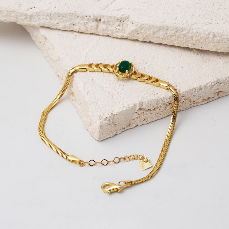 Yeşil Akik Taşlı 14 Ayar Altın Balık Sırtı Bileklik