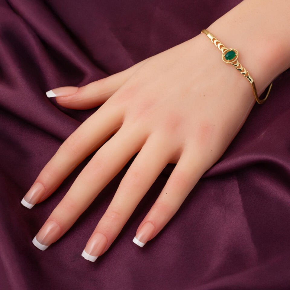 Yeşil Akik Taşlı 14 Ayar Altın Balık Sırtı Bileklik