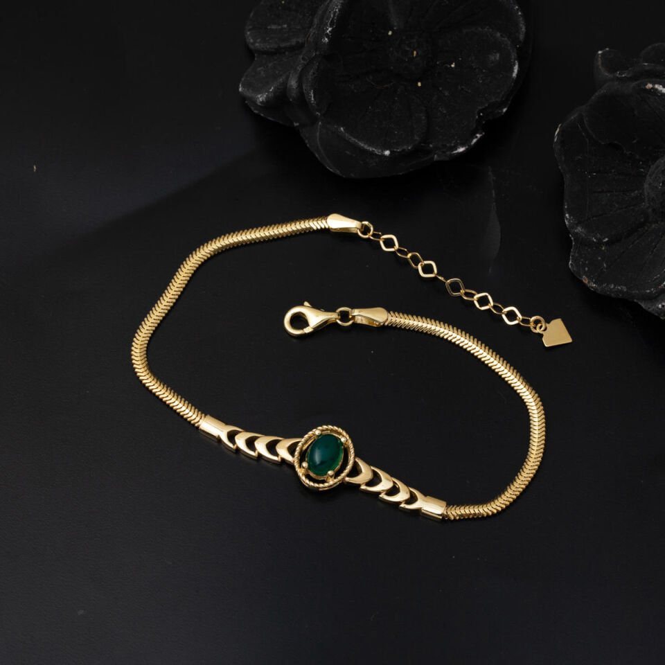 Yeşil Akik Taşlı 14 Ayar Altın Balık Sırtı Bileklik