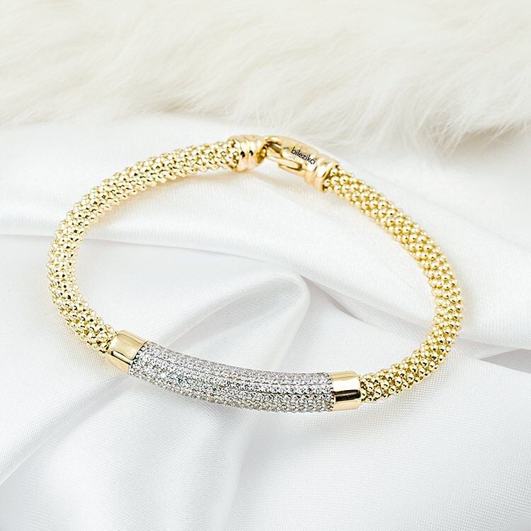 Taşlı Balık Sırtı Örgü 14 Ayar Altın Bileklik