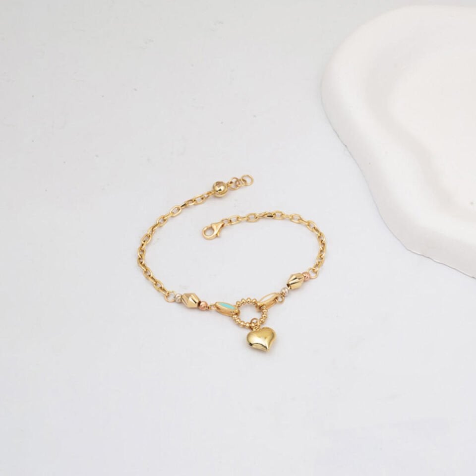 Kalp Figürlü 14 Ayar Altın Zincir Bileklik