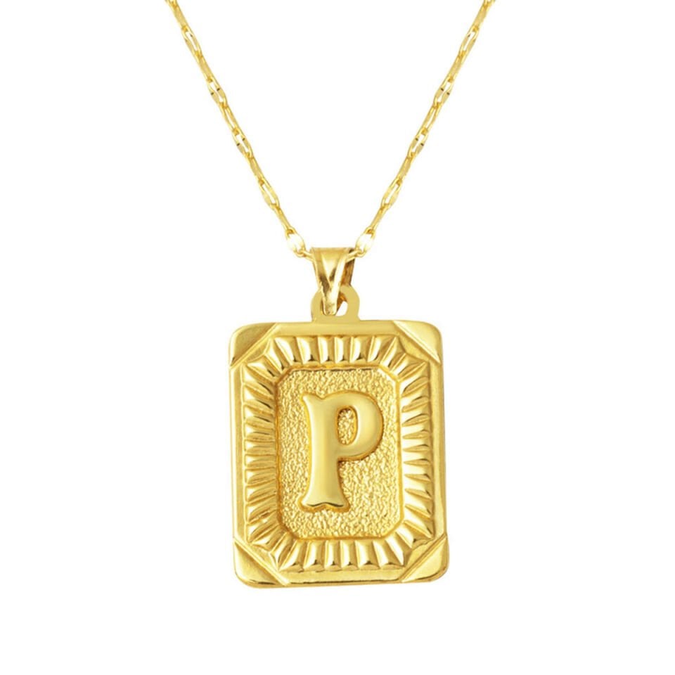 14 Ayar Altın P Harf Kolye Kare Plakalı