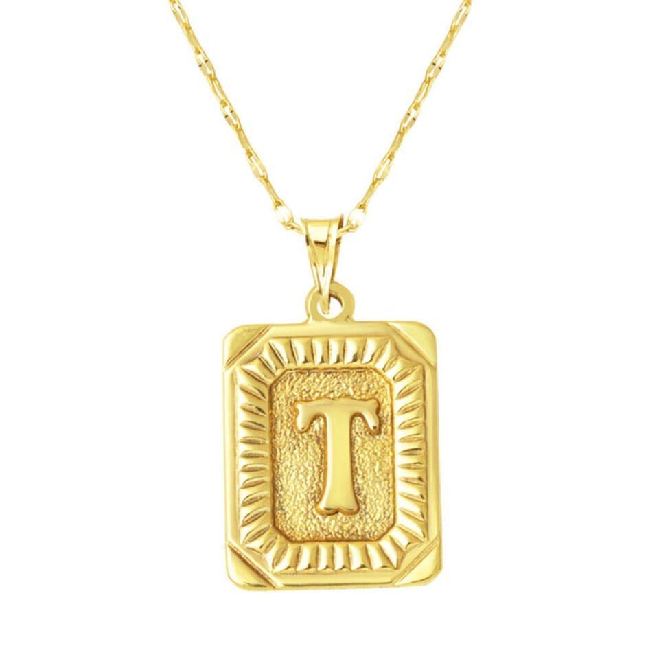 14 Ayar Altın T Harf Kolye Kare Plakalı