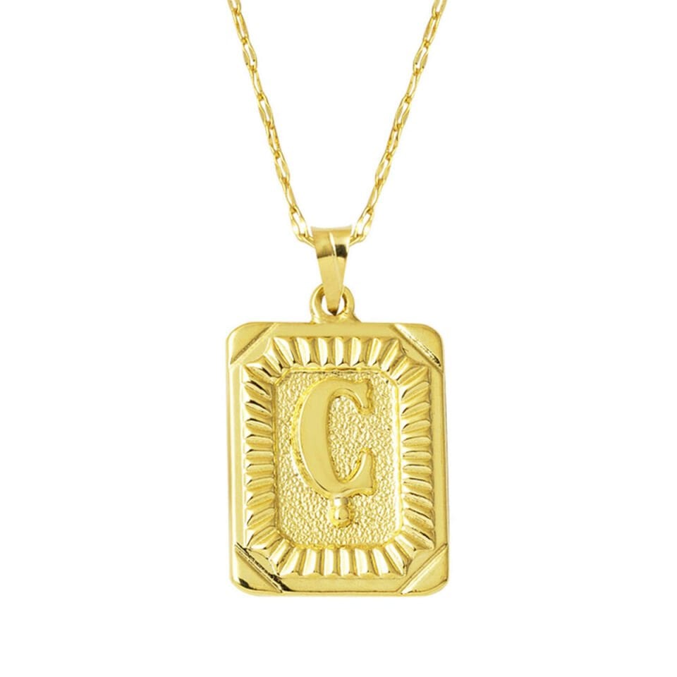 14 Ayar Altın Ç Harf Kolye Kare Plakalı