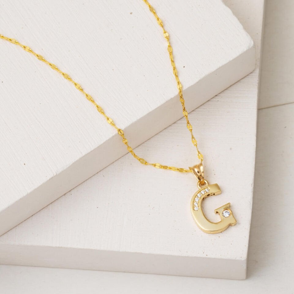 Lettera G Harfi 14 Ayar Altın Zincirli Kolye