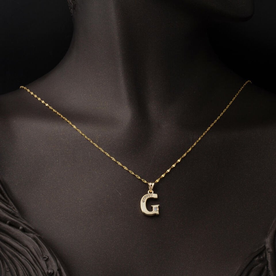 Lettera G Harfi 14 Ayar Altın Zincirli Kolye