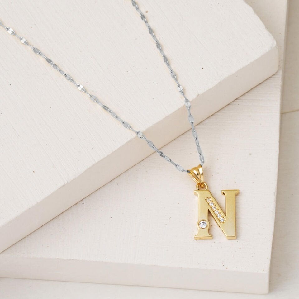 Lettera N Harfi 14 Ayar Altın Kolye Ucu