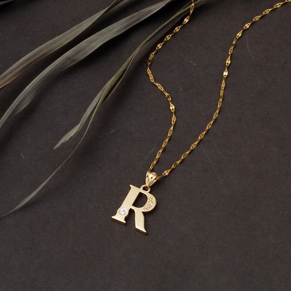Lettera R Harfi Altın Kolye 14 Ayar