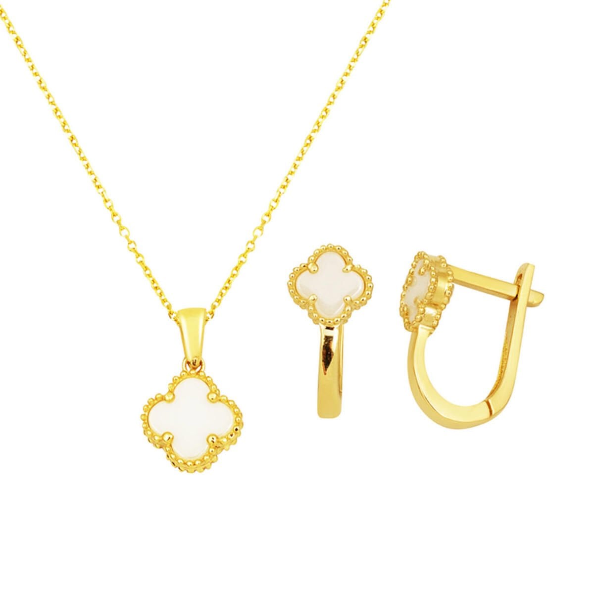Sedef Taşlı Yonca 14 Ayar Altın Kolye Küpeli Set