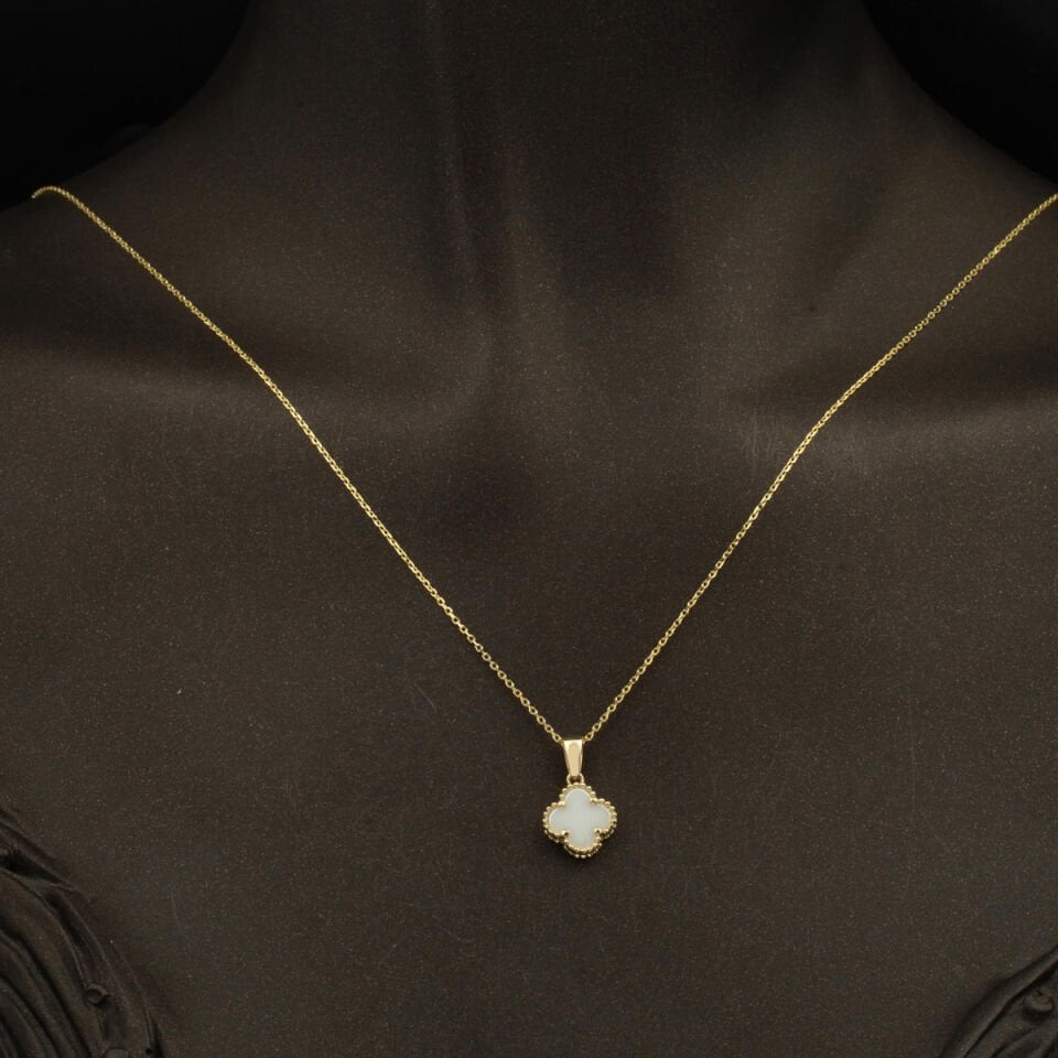 Sedef Taşlı Yonca 14 Ayar Altın Kolye Küpeli Set