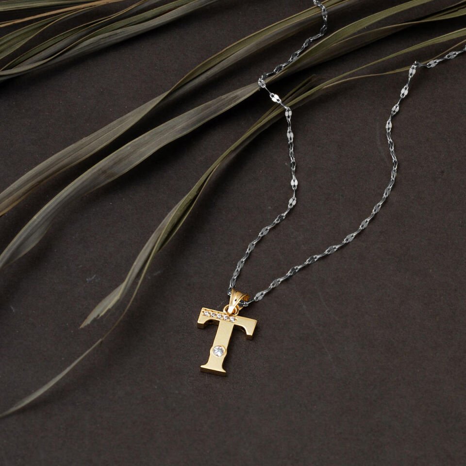 Lettera T Harfi 14 Ayar Altın Kolye Ucu