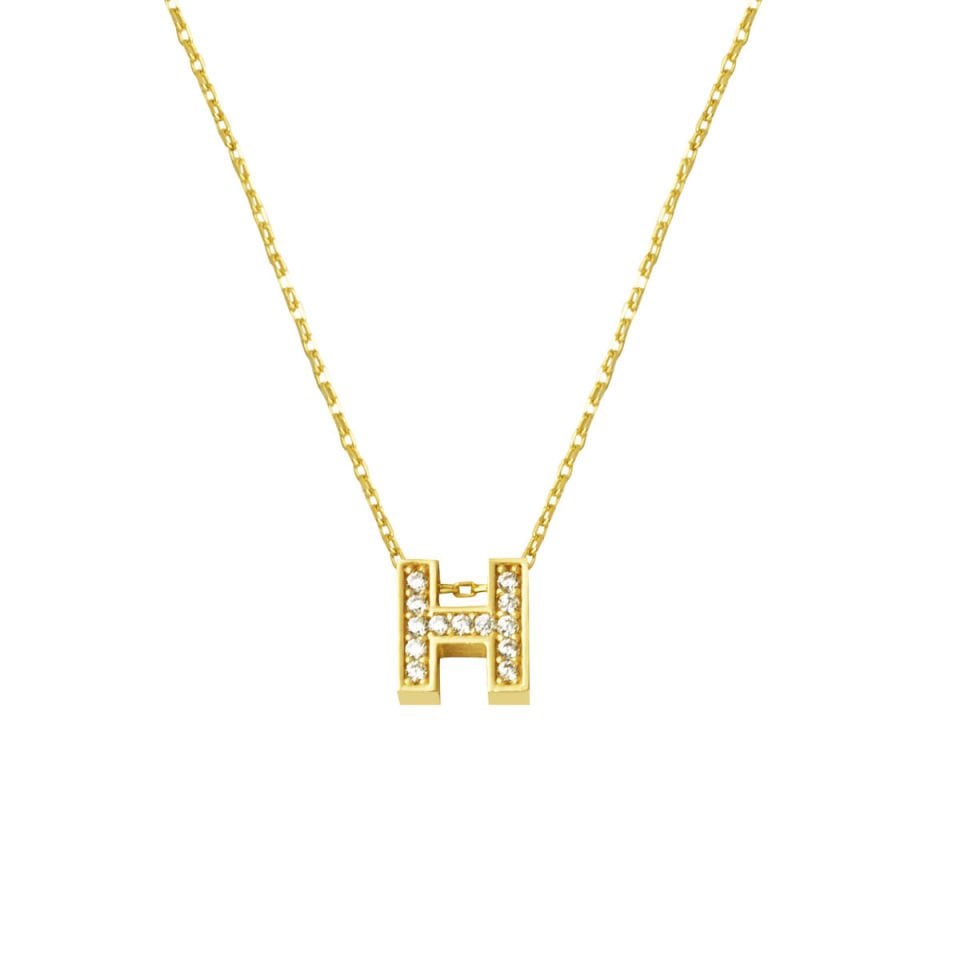 Taşlı H Harfli Minimal Harf Kolye Altın