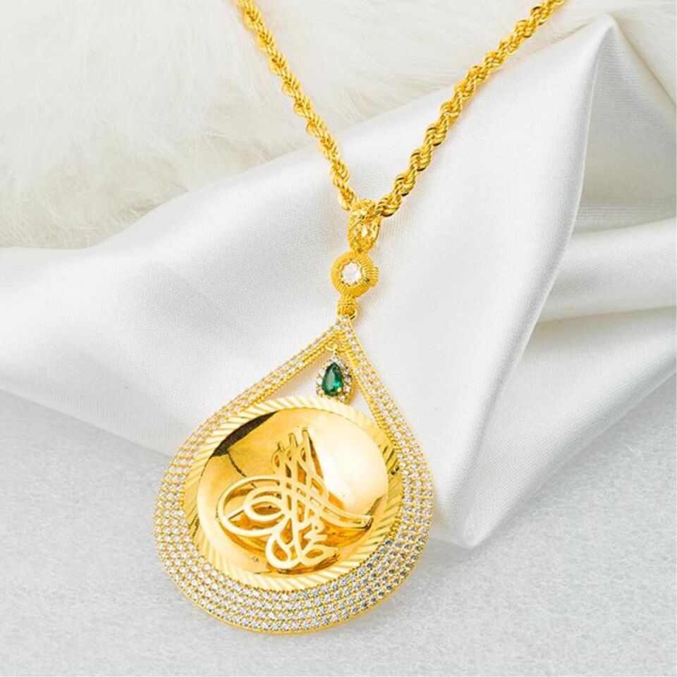 Yeşil Taşlı 14 Ayar Altın Zincirli Tuğralı Kolye