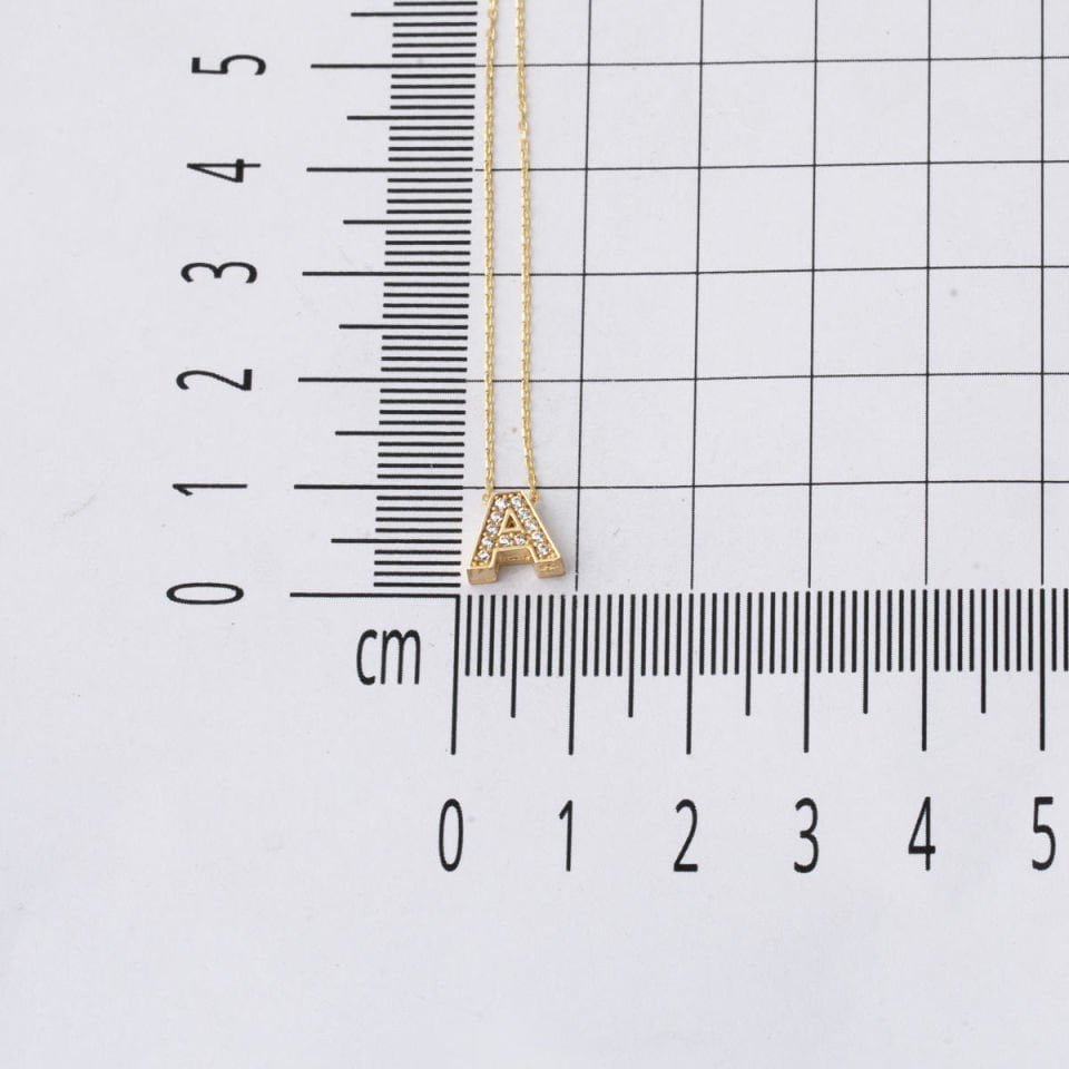 Taşlı A Harfli Minimal Harf Kolye Altın