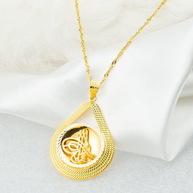 Tuğralı Taşsız Damla Çerçeveli 14 Ayar Kolye