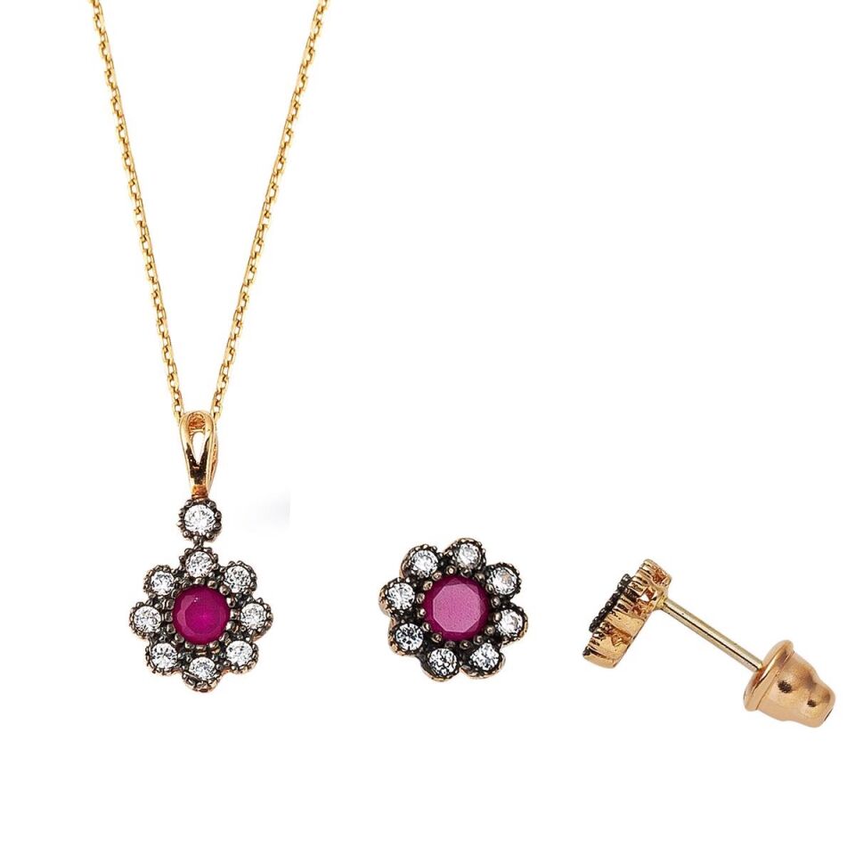 Mor Sümbül Kolye & Küpe Altın Set