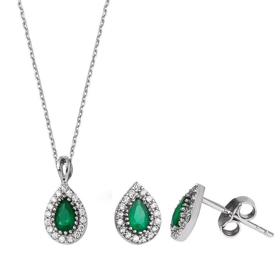 Damla Yeşil Taşlı Mini Altın Set