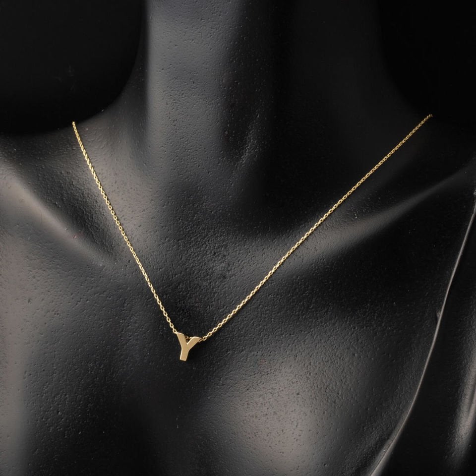 Y Harfi 14 Ayar Altın Taşsız Minimal Harf Kolye