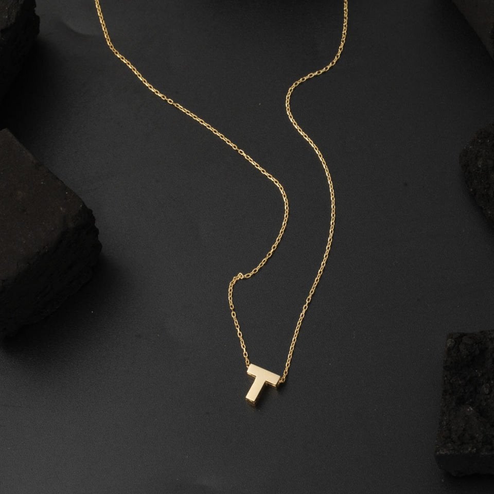 T Harfi 14 Ayar Altın Taşsız Minimal Harf Kolye