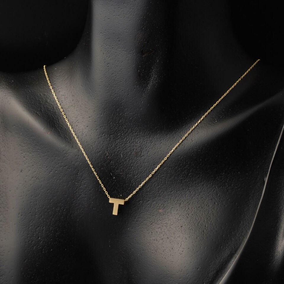 T Harfi 14 Ayar Altın Taşsız Minimal Harf Kolye