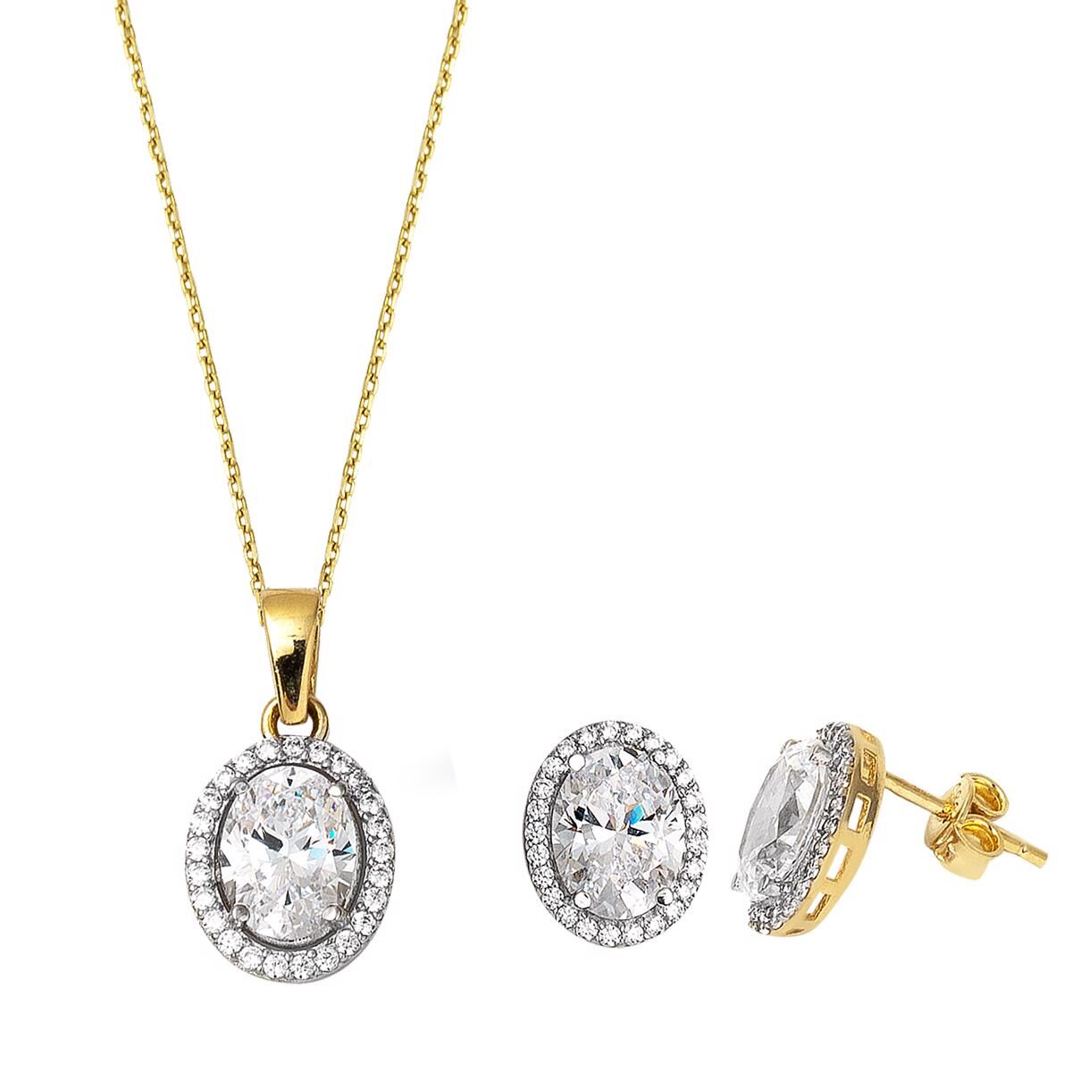 Oval Taşlı Kolye & Küpe Altın Set